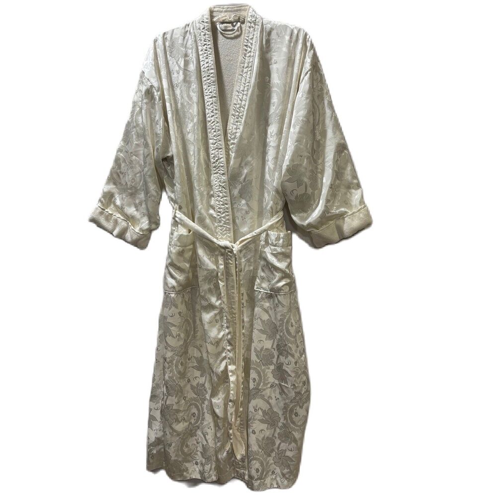 Victoria's Secret Gold Label Vintage Ivory Jacquard Damask Satin Robe Terry M/L